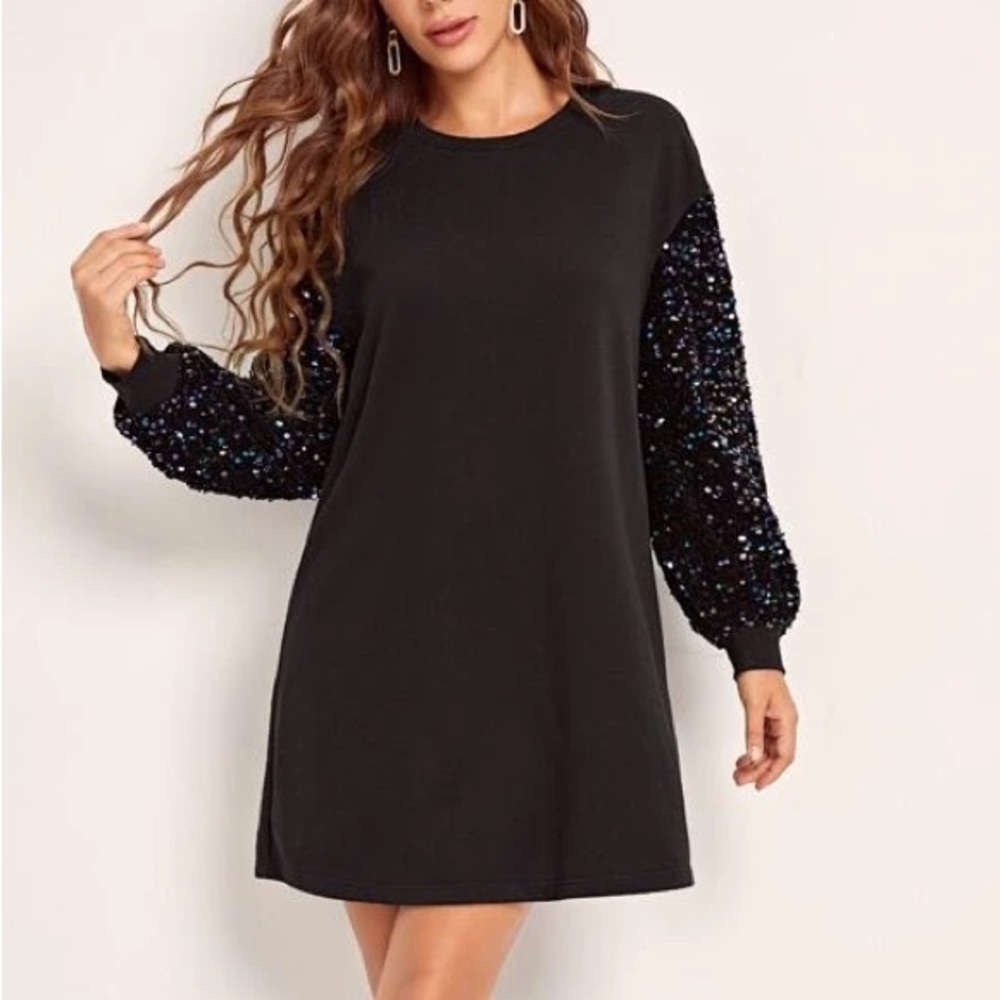 SHEIN Clasi Contrast Sequin Lantern Sleeve Dress